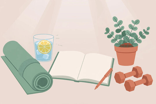 New Year wellness flat vector illustration with yoga mat, lemon water, journal and dumbbells