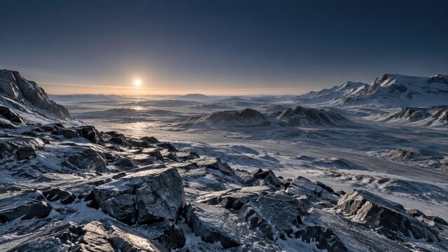 Icy frozen landscape and mountains on the horizon of exoplanet HD 137010 b
