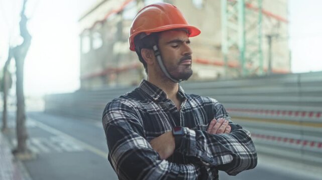Man in orange hardhat and plaid shirt with arms crossed, looking stern in front of building construction site; determination professionalism.