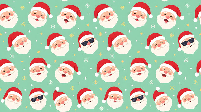 Seamless Christmas pattern with Santa Claus faces on green background