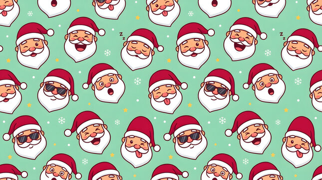 Seamless Pattern of Santa Claus Faces on Green Background
