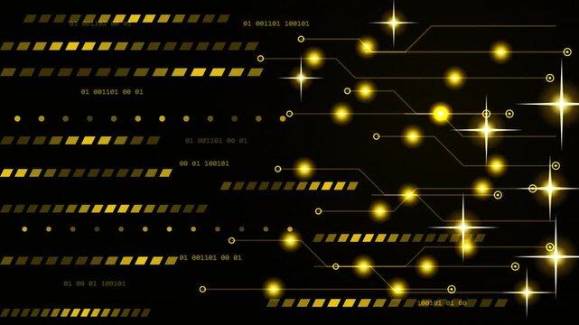 Glowing yellow circuit network binary code tech background loop