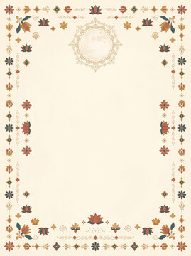 Vertical Ivory Frame with Terracotta Flowers, Geometric Diamonds, and Botanical Sprigs