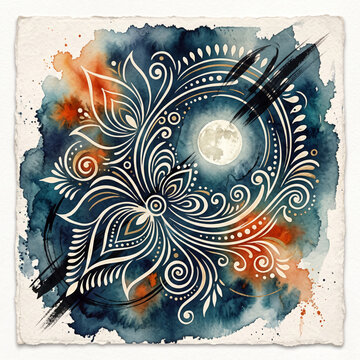 Full Moon Surrounded by Intricate White Floral Filigree on Deep Teal and Navy Washes