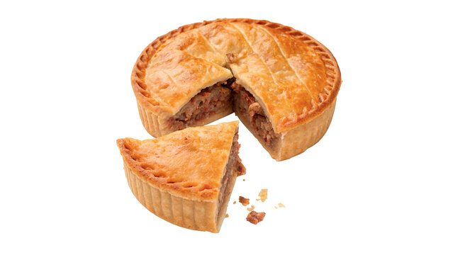 Freshly baked round meat pie cut with one slice separate, isolated on transparent background.