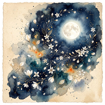 White Blossoms and Flowering Branches Surrounding a Full Moon in a Deep Teal Night Sky