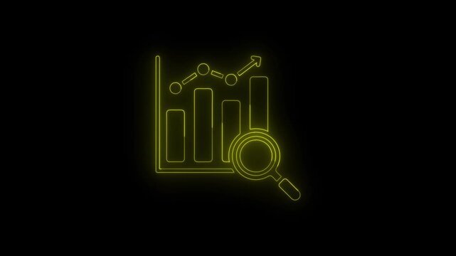 Glowing yellow neon business chart with magnifying glass icon for
