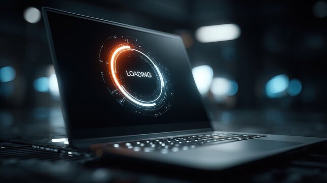 Laptop Computer with Loading Progress Indicator in Dark Environment.