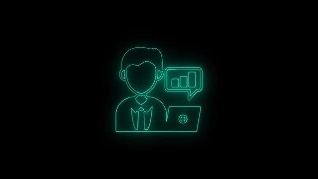 Glowing neon business analyst icon with bar chart and laptop computer