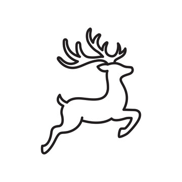 Simple black and white line icon of a jumping reindeer for Christmas holiday designs. 