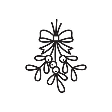 Black and white line icon of a mistletoe branch tied with a ribbon bow.