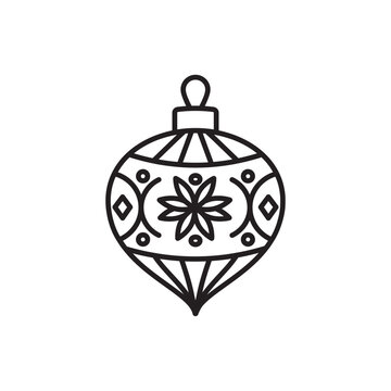 Line icon of a hanging Christmas tree ornament bauble with ethnic floral pattern. 