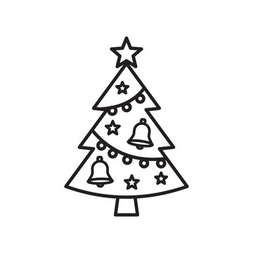 Line icon of a Christmas pine tree decorated with hanging bells, ornaments, and a star. 