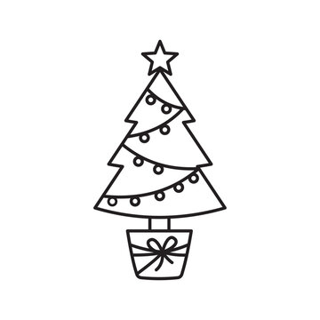 Line icon of a potted Christmas tree decorated with bells, baubles, and a star. 
