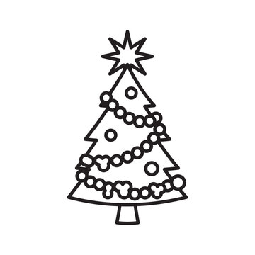 Black and white line icon of a Christmas tree decorated with long beaded garlands.