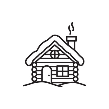 Line icon of a cozy winter log cabin house with snow-covered roof and chimney smoke.