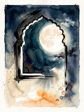 Full Moon Framed by an Ornate Pointed Arch in Deep Teal and Navy Tones
