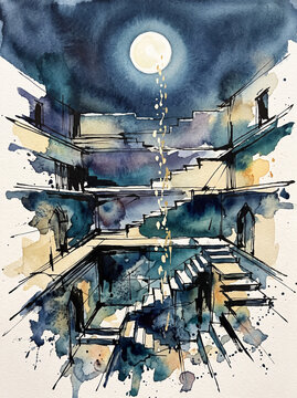 Angular Terraces and Descending Stairways Beneath a Luminous Moon in a Teal Night Sky
