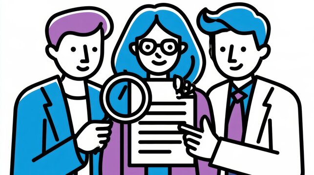 Three business specialists review an AI document for accuracy and fairness, providing final approval in a straightforward setting.