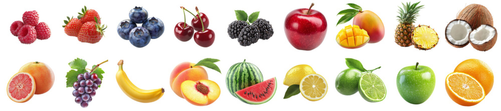 Set of various ripe berries and fruits, from different angles, many options, isolated on transparent background PNG, clipping path, template, mockup, cut out