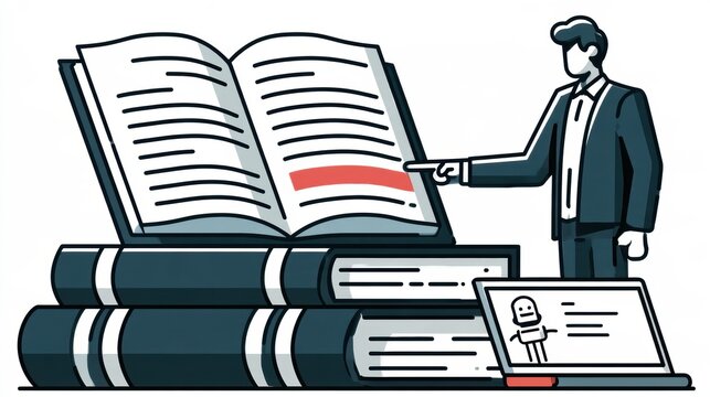 A lawyer points out a contradiction highlighted in red while comparing an AI legal document with a large law book.