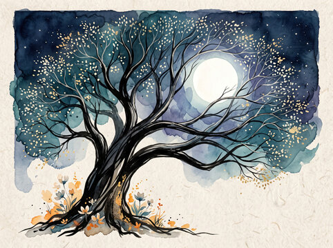 Twisting Tree Silhouette and Delicate Branches Against a Luminous Full Moon