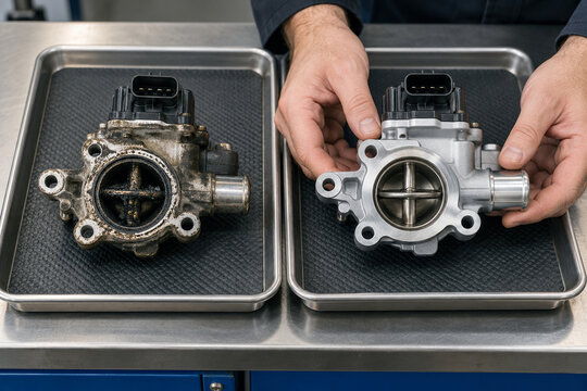 Comparison of Old Carbon Fouled and New Clean Car Throttle Body