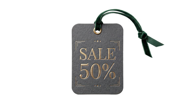 Sale tag marked fifty percent discount with ribbon on transparent background. Retail promotion and price reduction. Shopping offer and clearance event. E-commerce advertising