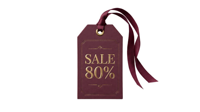 Burgundy sale price tag with ribbon and 80 percent discount on transparent background. Retail promotion and clearance offer. Shopping event and markdown advertising.