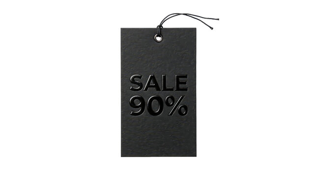 Black sale tag marked 90 percent discount on transparent background. Retail clearance and price reduction. Shopping promotion for bargain deals. Ecommerce offer graphic