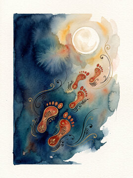 Luminous Moon Above Ornamental Paisley Footprints in a Deep Teal and Navy Celestial Composition
