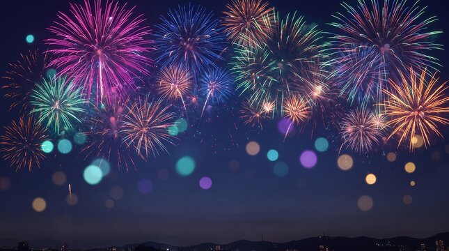 Colorful fireworks exploding in the night sky during a festive celebration with firework explosion festival pyrotechnics