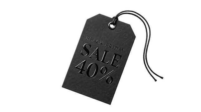 Black Friday sale tag marked 40 percent on transparent background. Seasonal retail discount promotion. Holiday shopping and special offer concept. Ecommerce price reduction