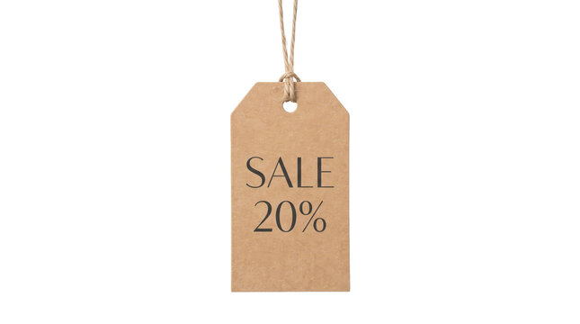 Paper sale tag showing 20 percent discount on transparent background. Retail promotion and price reduction concept. Shopping offer, bargain and clearance signage