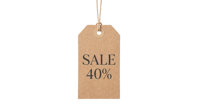 Hanging kraft paper sale tag marked 40 percent on transparent background. Retail discount promotion and price reduction. Shopping offer, ecommerce marketing and clearance sale concept.