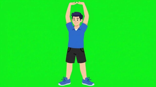 Young man doing side stretching exercises on green screen background