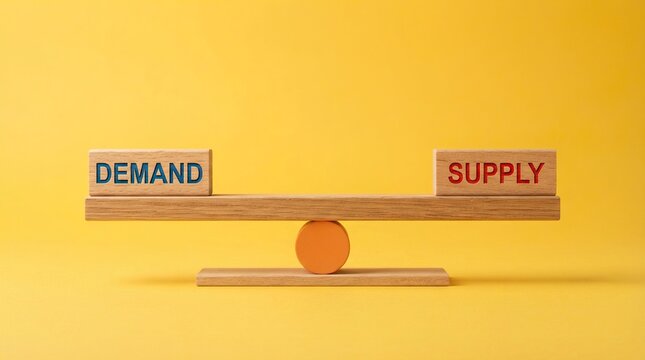 Wooden balance scale weighing demand and supply blocks on yellow background economic concept of market equilibrium forces.