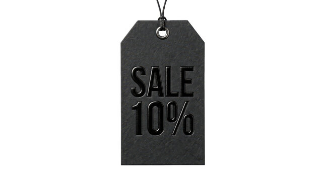 Black sale tag marked 10 percent discount, suspended by cord on transparent background. Retail promotion and price reduction. Shopping deal and clearance concept. Ecommerce sales graphic.