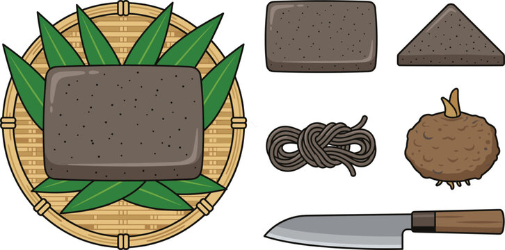 &bull; Traditional Japanese konnyaku konjac vector illustration set with blocks cake noodles corm root bamboo basket and kitchen knife isolated on white background