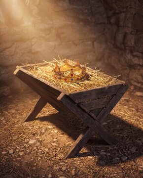 Golden royal crown resting in empty manger with hay and heavenly light