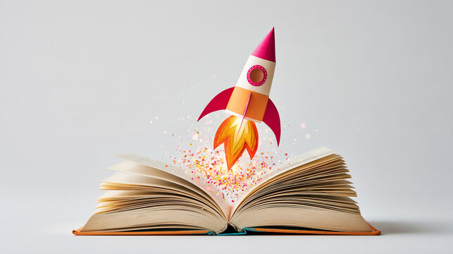 A colorful rocket launches from the open pages of a book, symbolizing imagination, creativity, and the power of knowledge taking flight.