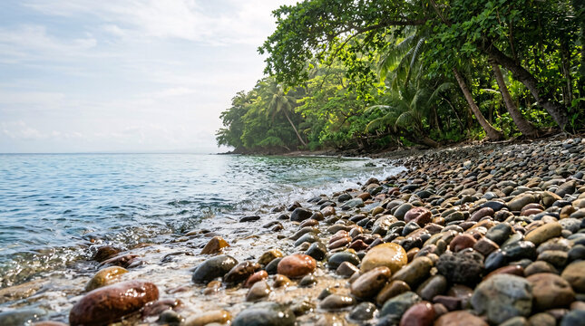 Secluded tropical pebble beach with colorful smooth stones, coconut palms, lush forest, and calm blue sea