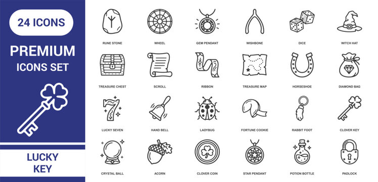Twenty-four black line icons representing luck and mystery, including a rune stone, wheel, gem pendant, wishbone, dice, witch hat, and a treasure chest