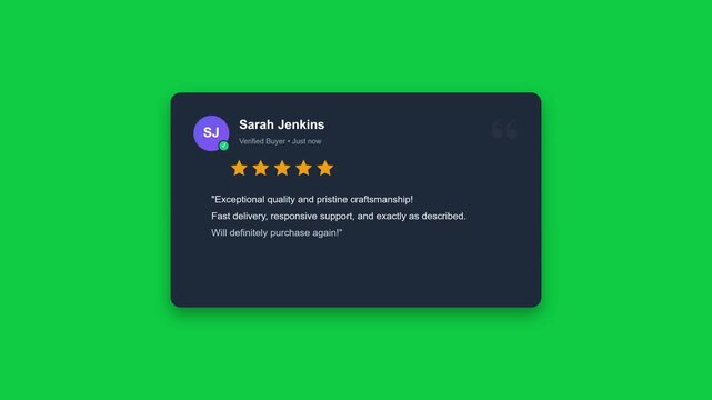 A motion graphic animation of a customer review card with star rating and feedback text appearing on a green screen background