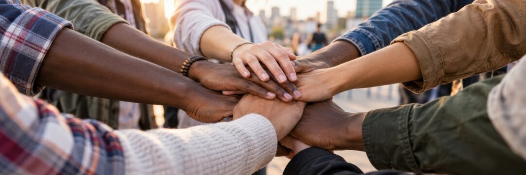 Diverse group joining hands in a circle outdoors, symbolizing unity, equality and human rights