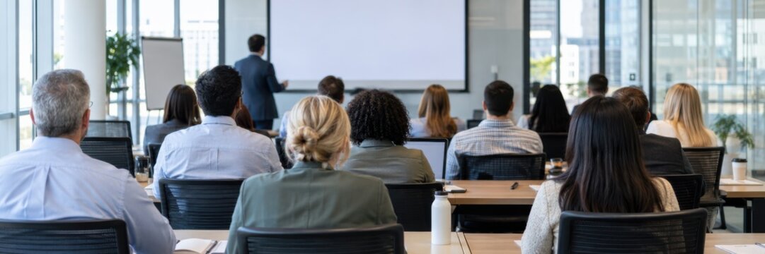 Business professionals attending corporate training seminar in modern conference room