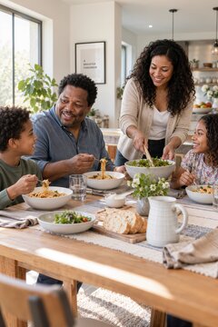 Happy family sharing pasta and salad together at a bright modern dining table at home