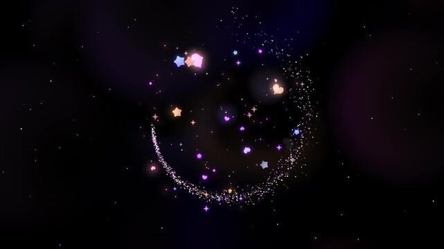 Magical sparkles moving in circular motion with stars and hearts on black background animation. (loop)