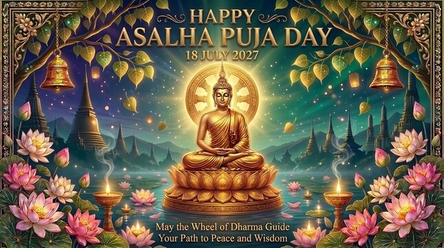 Happy Asalha Puja Day 18 July 2027 &ndash; Golden Buddha Statue, Sacred Lotus Flowers and Buddhist Festival Wishes