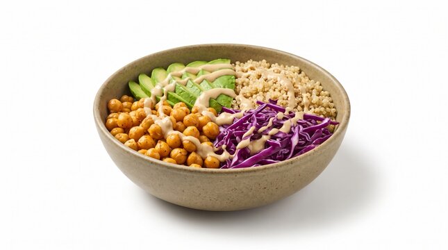 Healthy vegan protein bowl with roasted chickpeas, avocado, red cabbage, quinoa and tahini isolated on white background